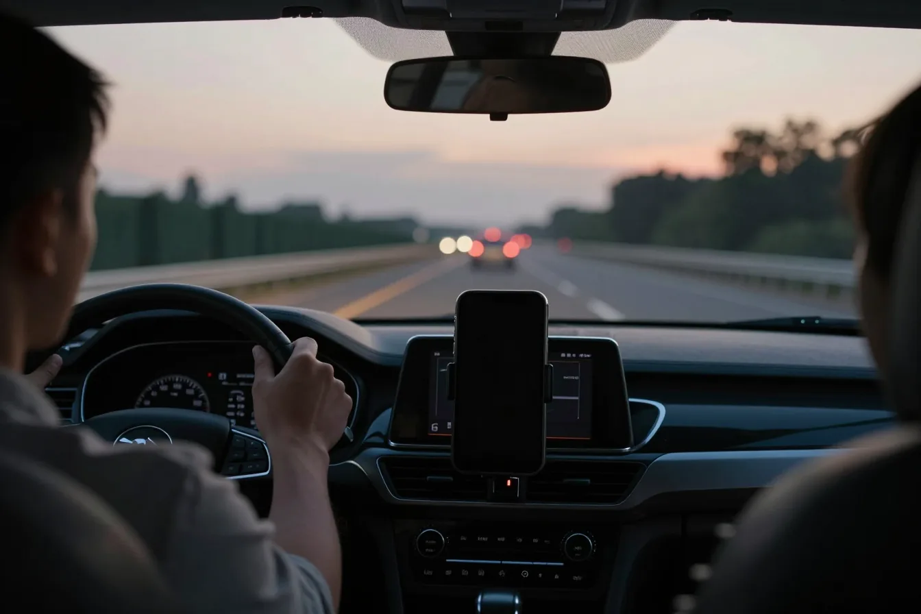 Driving at dusk with a phone on the dashboard showing Athena's orb