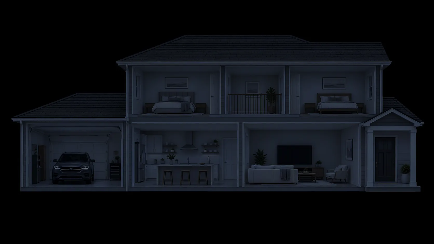 Cutaway of a two-story family home at night, room by room, as Athena turns the lights off